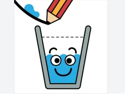 Happy Glass puzzle scene with a sad cup, flowing water, and player-drawn guide lines