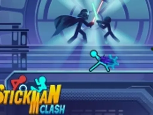 Stickman Clash stick figures brawling with weapons in a chaotic arena